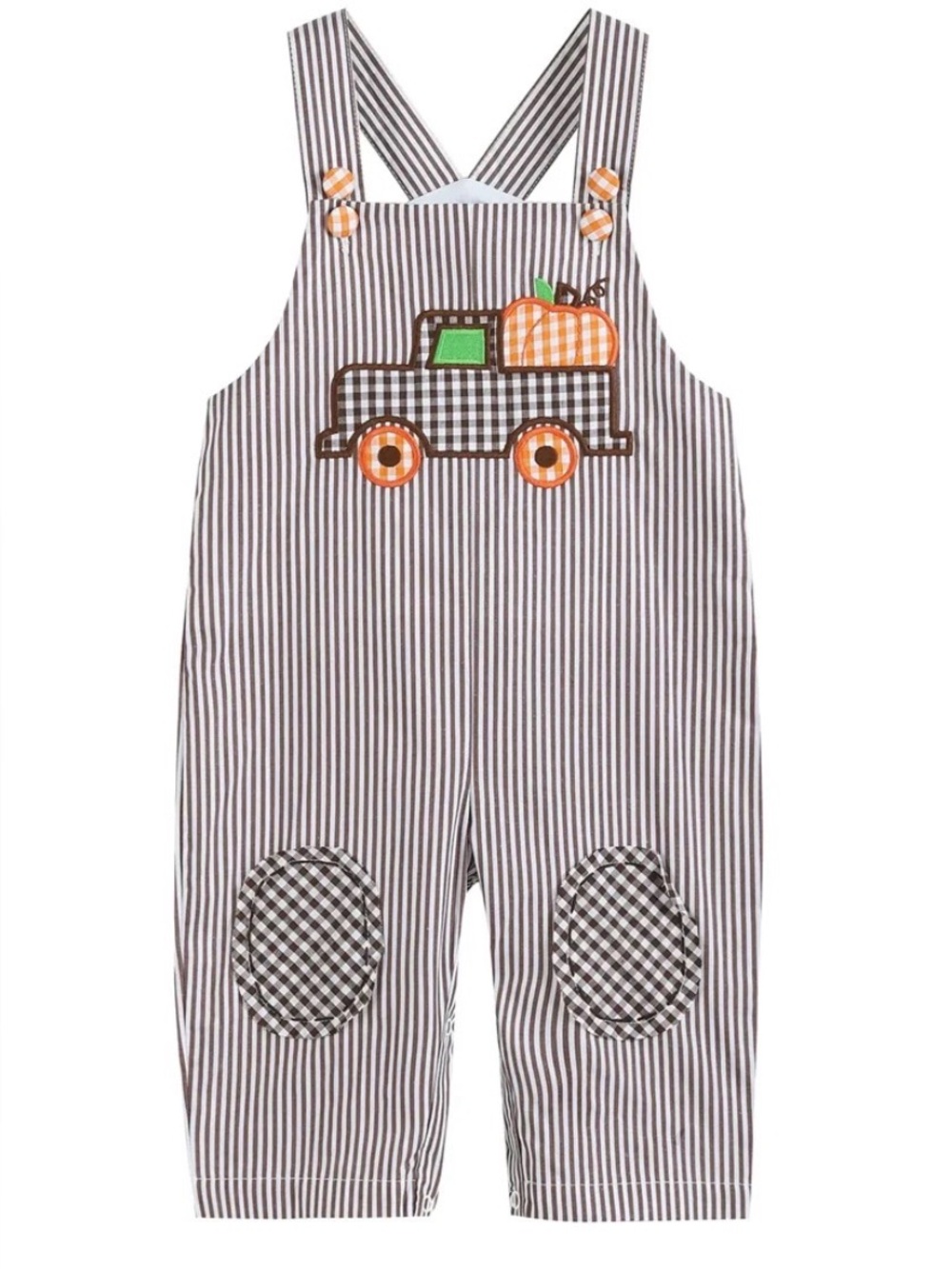 Like new! DARK BROWN STRIPE OVERALLS WITH PUMPKIN TRUCK SZ 2T